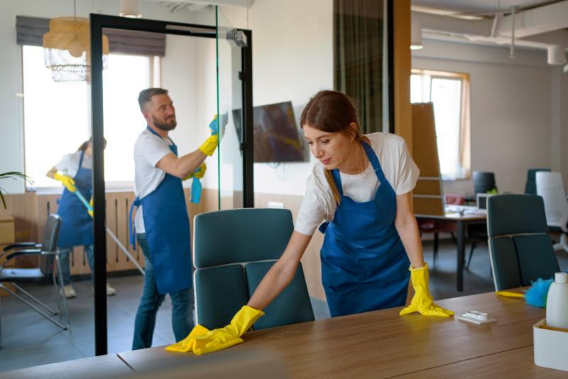 A cleaning lady wiping an office desk with other cleaners working in the background
